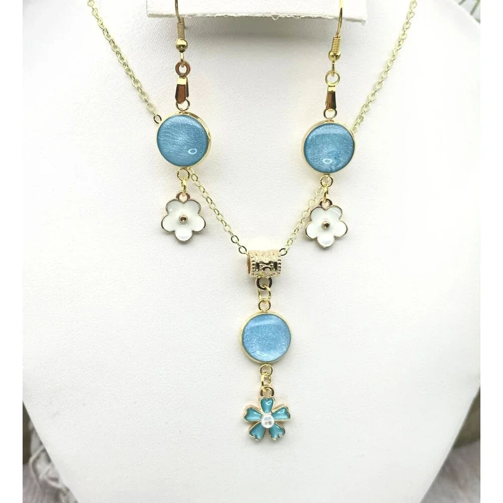 Gold Tone Blue Enamel Floral Jewelry Set Necklace & Dangle Earrings Matching Set